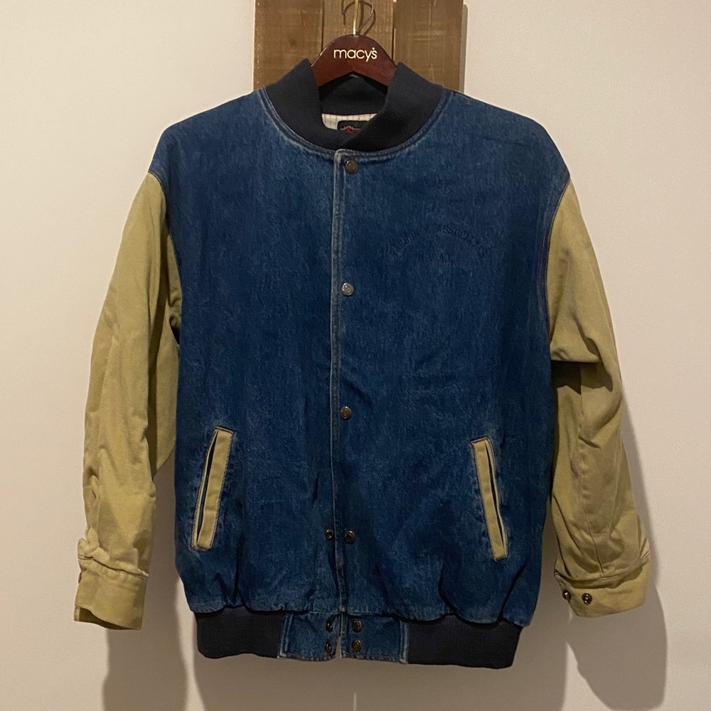 Blue Denim Bomber Jacket with Tan Sleeves
